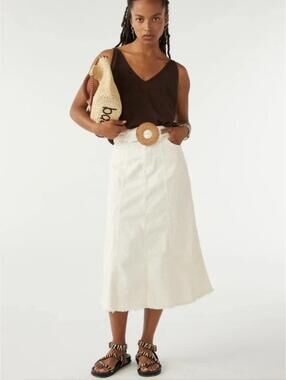 ba&sh Tinna Flared Midi Skirt Ecru Off White Cotton Denim Belted US/4 S FR 36